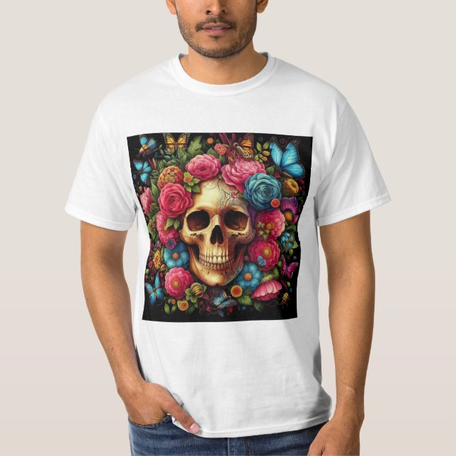 Camiseta Calavera Floral: Belleza en el Más Allá (Anverso)