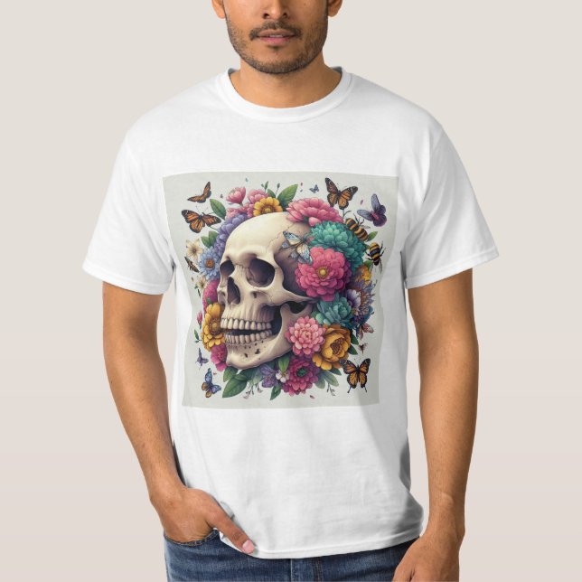Camiseta Calavera Floral: Belleza y Muerte (Anverso)