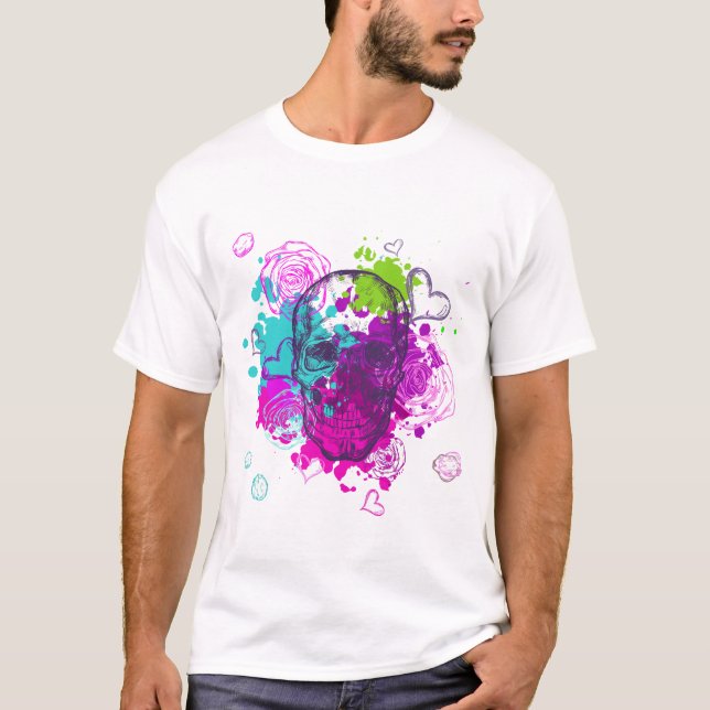 Camiseta Calavera floral con plumas y corazón - espalda ros (Anverso)