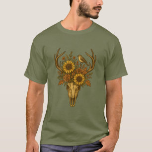 Camiseta Calavera floral de Elk con girasoles y pájaro