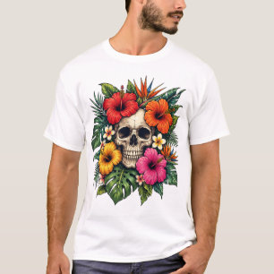 Camiseta Calavera Floral Tropical Vibrante Hawaiano Botánic