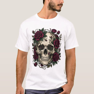 Camiseta Calavera gótica con rosas y espinas rojas oscuras