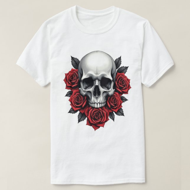 Camiseta Calavera gótica y rosas rojas oscuras (Diseño del anverso)
