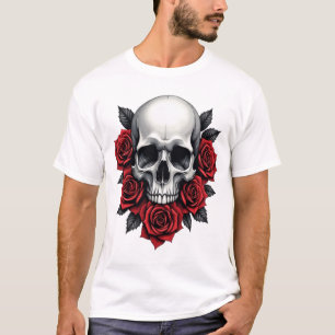 Camiseta Calavera gótica y rosas rojas oscuras