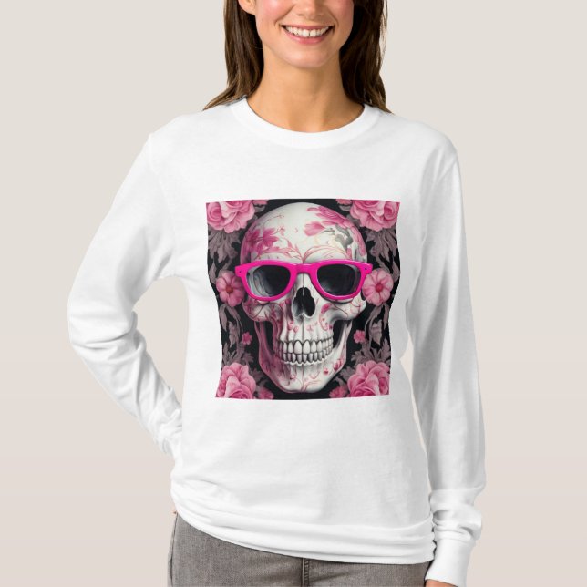 Camiseta Calavera muerta 3D de Floral rosa con gafas de sol (Anverso)