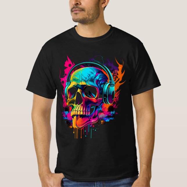 Camiseta Calavera musical Audaz Tee gráfico retro sinthwave (Anverso)