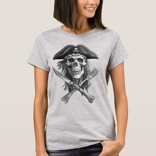 Camiseta Calavera pirata negra y blanca con utensilios para (Anverso)