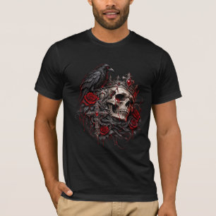 Camiseta Calavera Real Gótica con Cuervo y Rosas Rojas Coro
