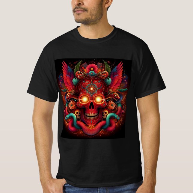Camiseta Calavera Roja con Serpientes y Flores Místicas (Anverso)