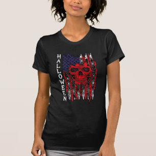 Camiseta Calavera Roja de Halloween Bandera Americana Telar