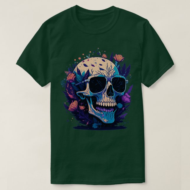 Camiseta Calavera sonriente con gafas de sol rodeada de flo (Diseño del anverso)
