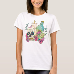 Camiseta Calavera, vela, bebida de acuarela del Día de los 