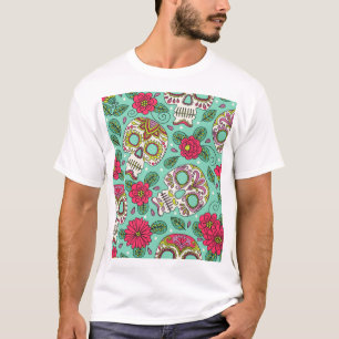 Camiseta Calavera y flores mexicanas, sin costura.
