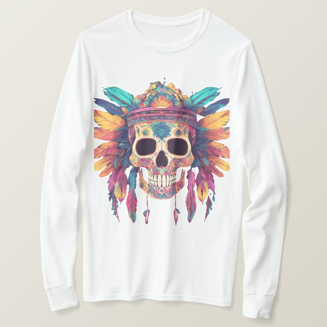 Camiseta Calavera y plumas vívidas: arte digital psicodélic (Anverso del diseño)