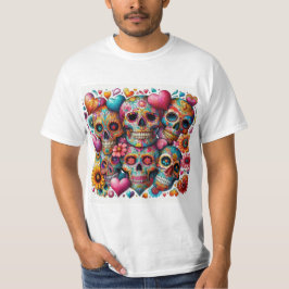 Camiseta Calaveras Mexicanas con Corazones y Flores