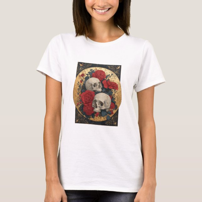 Camiseta Calaveras, oro y rosas (Anverso)