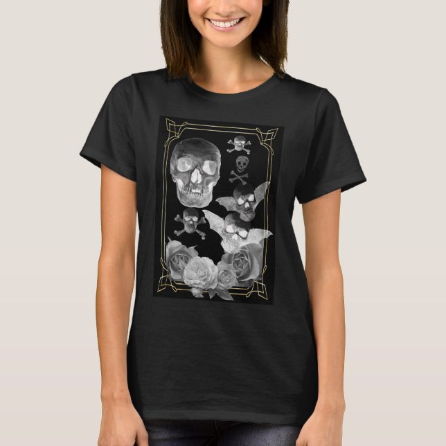 Camiseta Calaveras voladoras y rosas góticos (Anverso)