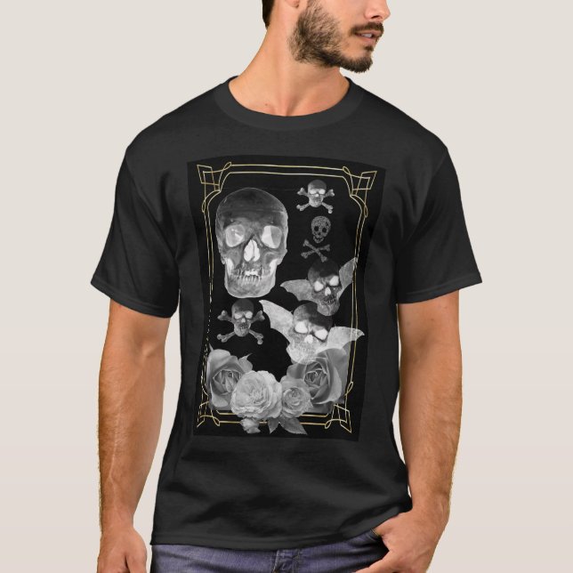 Camiseta Calaveras voladoras y rosas góticos (Anverso)
