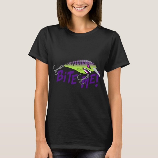 Camiseta Calcomanía de señuelo de pesca 'Bite Me' - Patrón  (Anverso)