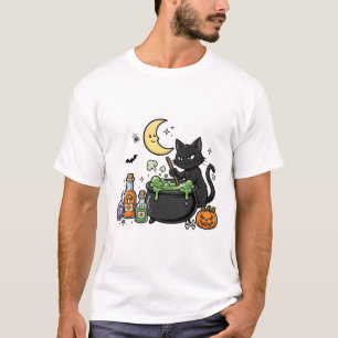 Camiseta Caldero de Poción de Gato Negro Arte de Halloween