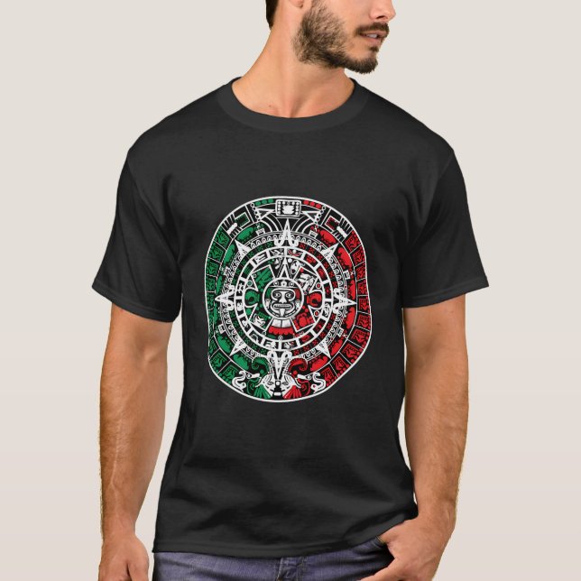 Camiseta Calendario Azteca Con Colores De Bandera Mexicana  (Anverso)