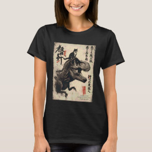 Camiseta Caligrafía Japonesa Gato Monta Dinosaurio con Haik