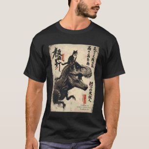 Camiseta Caligrafía Japonesa Gato Monta Dinosaurio con Haik