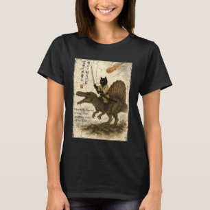 Camiseta Caligrafía Japonesa Gato Monta Dinosaurio Motivaci
