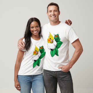camiseta calopsita e folinhas 