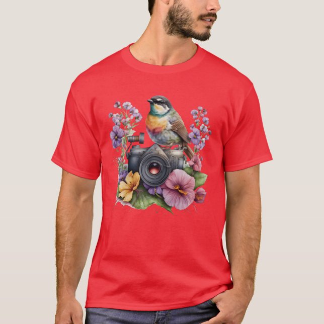Camiseta Cámara acuarela floral con amigo pájaro (Anverso)