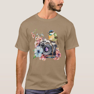 Camiseta Cámara acuarela floral con amigos pájaros