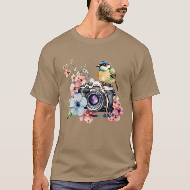 Camiseta Cámara acuarela floral con amigos pájaros (Anverso)