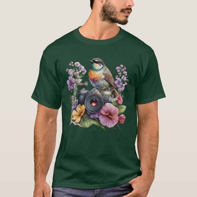 Camiseta Cámara acuarela floral con humor de pájaro (Anverso)