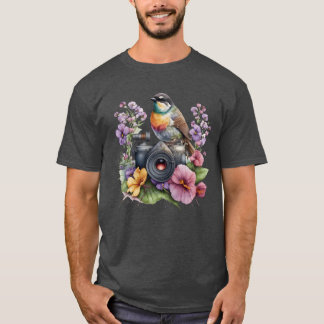 Camiseta Cámara acuarela floral con retro de pájaro