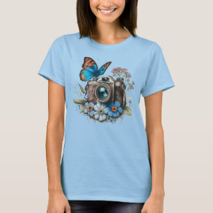 Camiseta Cámara de 35 mm, mariposa y flores