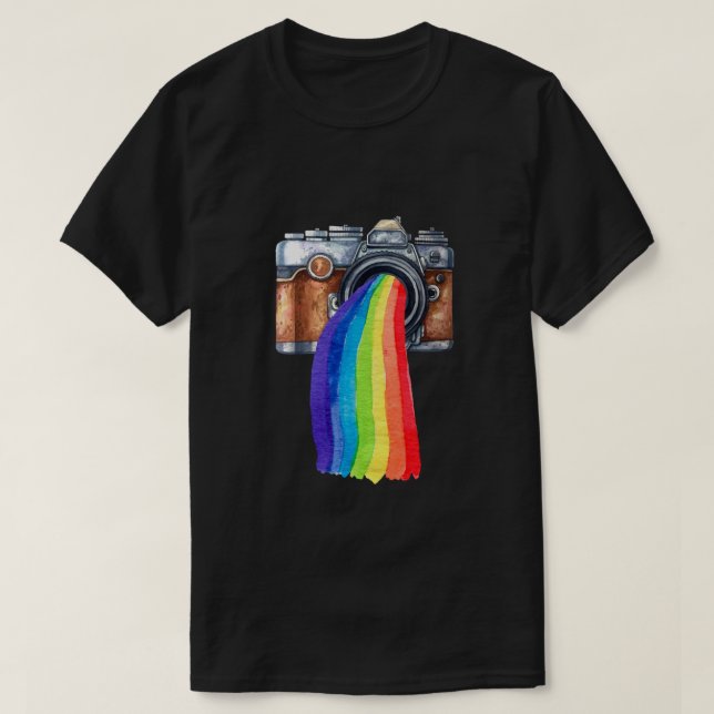Camiseta Cámara fotográfica de camarógrafo arcoiris (Diseño del anverso)