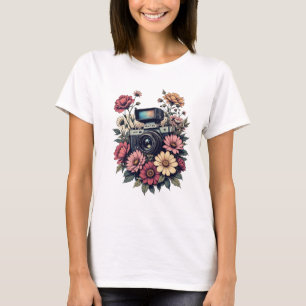 Camiseta Cámara retro y arte floral