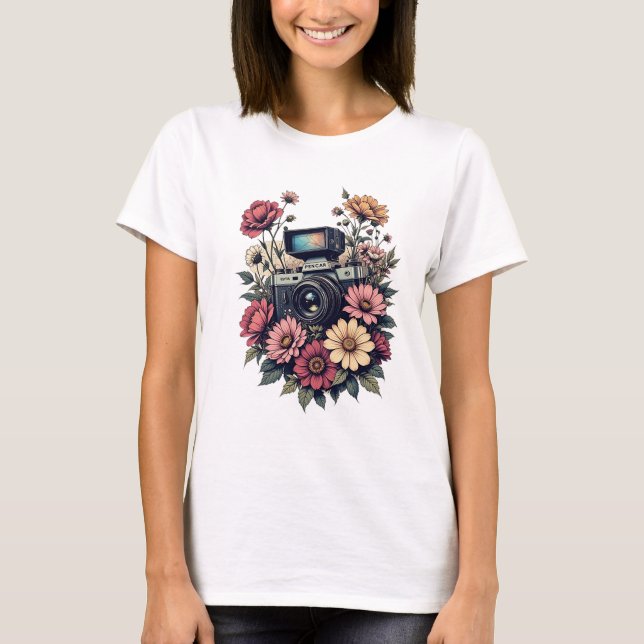 Camiseta Cámara retro y arte floral (Anverso)