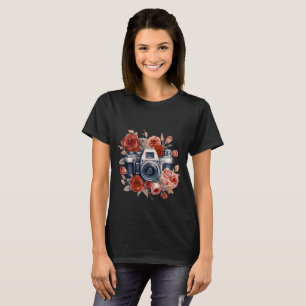 Camiseta Cámara vintage con rosas rojas Fotografía floral