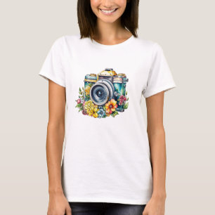 Camiseta Cámara vintage en acuarela de flores