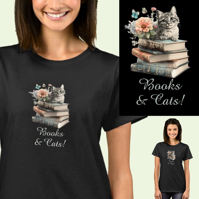 Camiseta Cambiar texto, libros y gatos, con flores, en negr (Subido por el creador)
