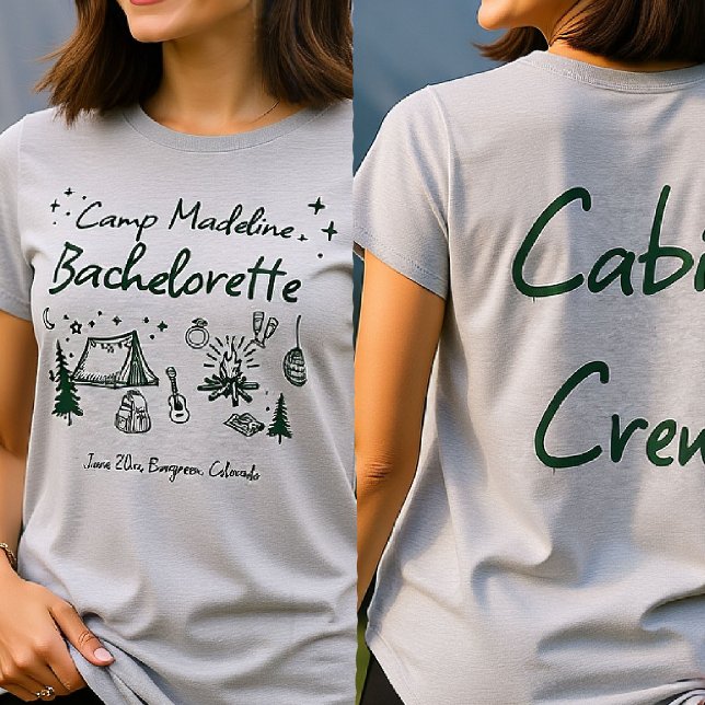 Camiseta Caminando con la mano de la tripulación de la cabi (camp bachelorette cabin crew camping hand drawn written girls trip bach green glamping)
