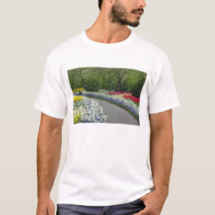 Camiseta Camino de acera a través de tulipanes y narcisos,