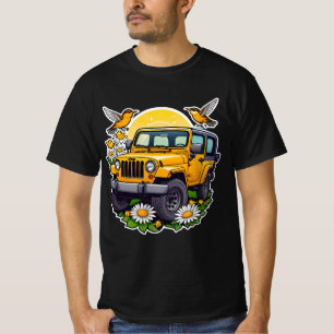 Camiseta Camión 4x4 Amarillo Brillante Con Margaritas y Páj