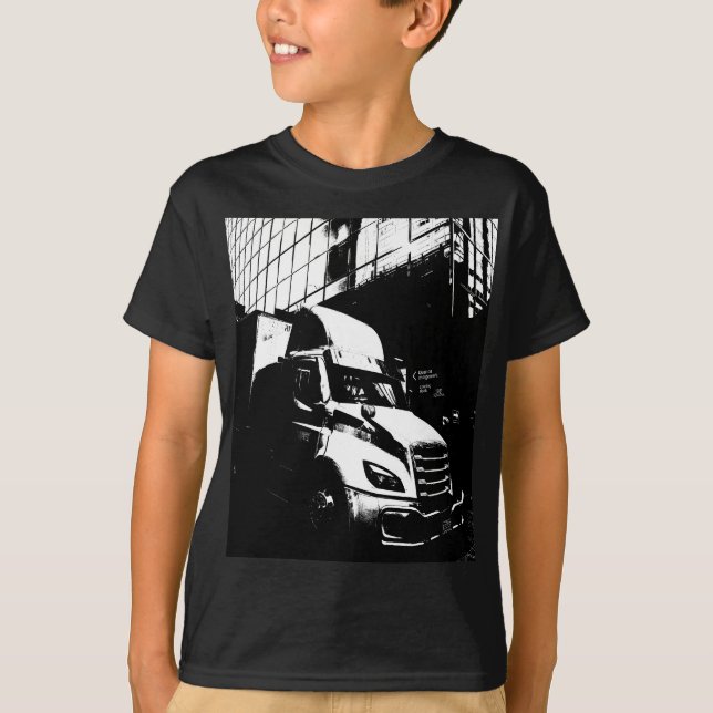 Camiseta Camión blanco y negro en escena de la ciudad (Anverso)