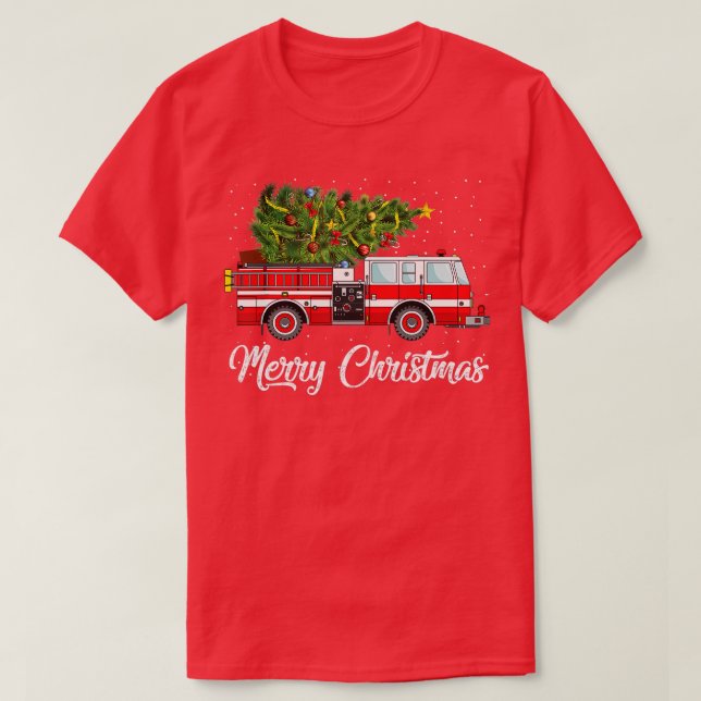 Camiseta Camión de bomberos navideño árbol divertido regalo (Diseño del anverso)