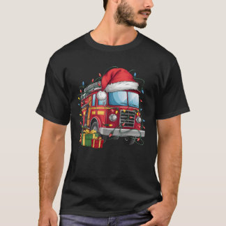 Camiseta Camión de Bomberos Xmas Luces Gorro de Santa Camió