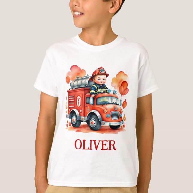 Camiseta Camión de bomberos y bombero lindo (Anverso)