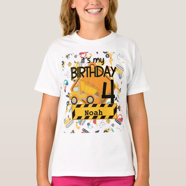Camiseta camión de construcción amarillo coche cumpleaños 4 (Anverso)