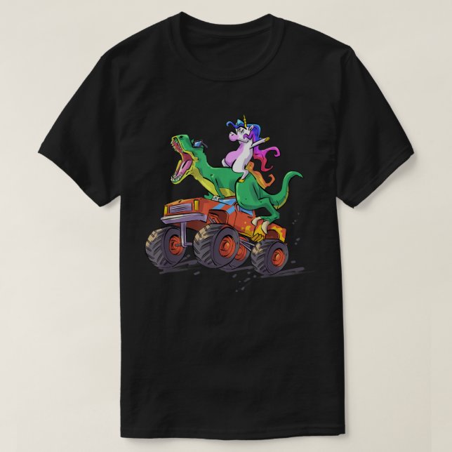 Camiseta Camión de dinosaurio unicornio de mano divertida a (Diseño del anverso)